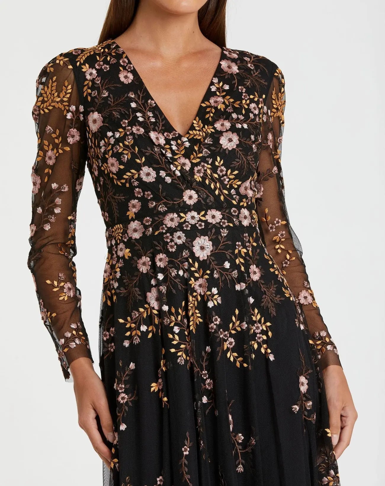 Mac Duggal 35103 Black Multi floral embroidered A-line cocktail dress - Close up detail