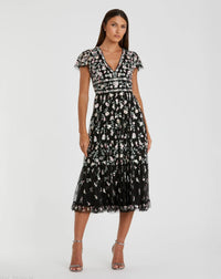 Mac Duggal 35104 Black Multi embroidered V neck cap sleeve midi dress - front