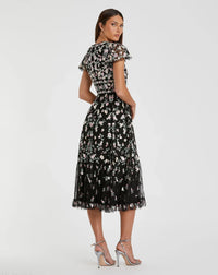 Mac Duggal 35104 Black Multi embroidered V neck cap sleeve midi dress - back