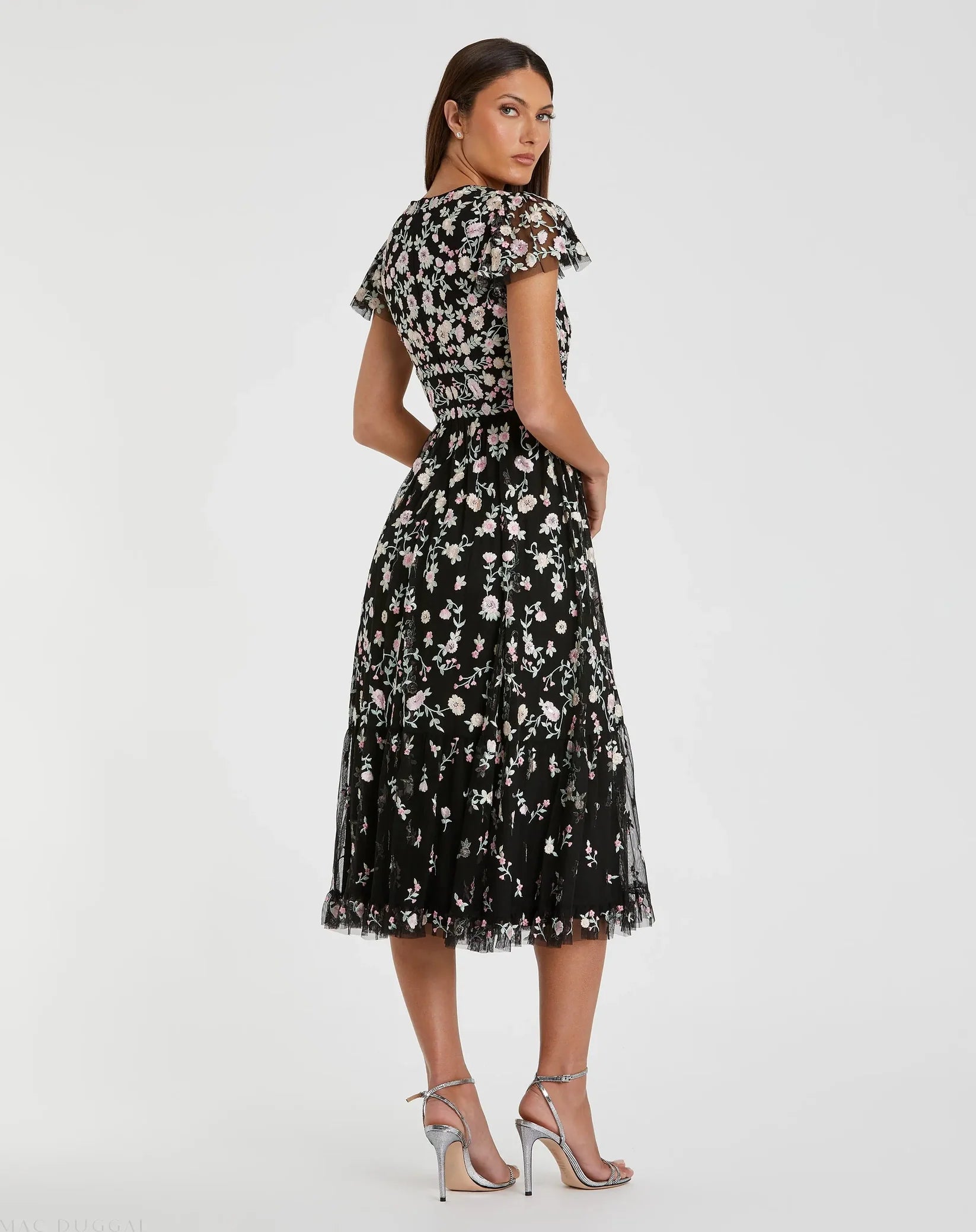 Mac Duggal 35104 Black Multi embroidered V neck cap sleeve midi dress - back