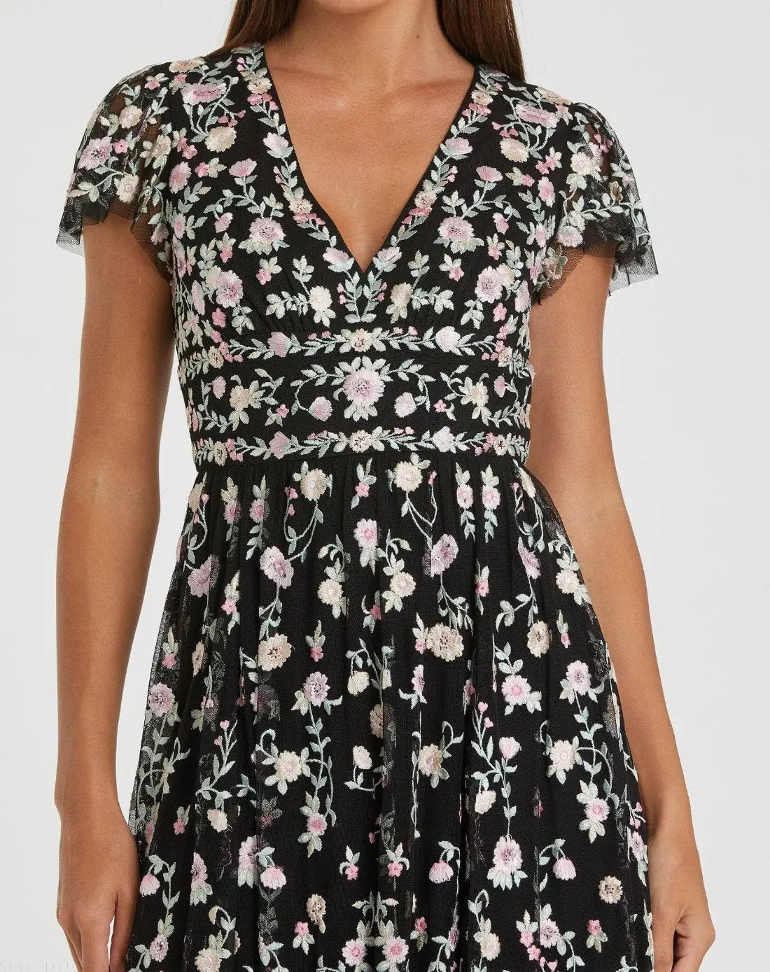 Mac Duggal 35104 Black Multi embroidered V neck cap sleeve midi dress - detail