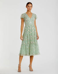 Mac Duggal 35104 Sage embroidered V neck cap sleeve midi dress - front