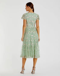 Mac Duggal 35104 Sage embroidered V neck cap sleeve midi dress - back