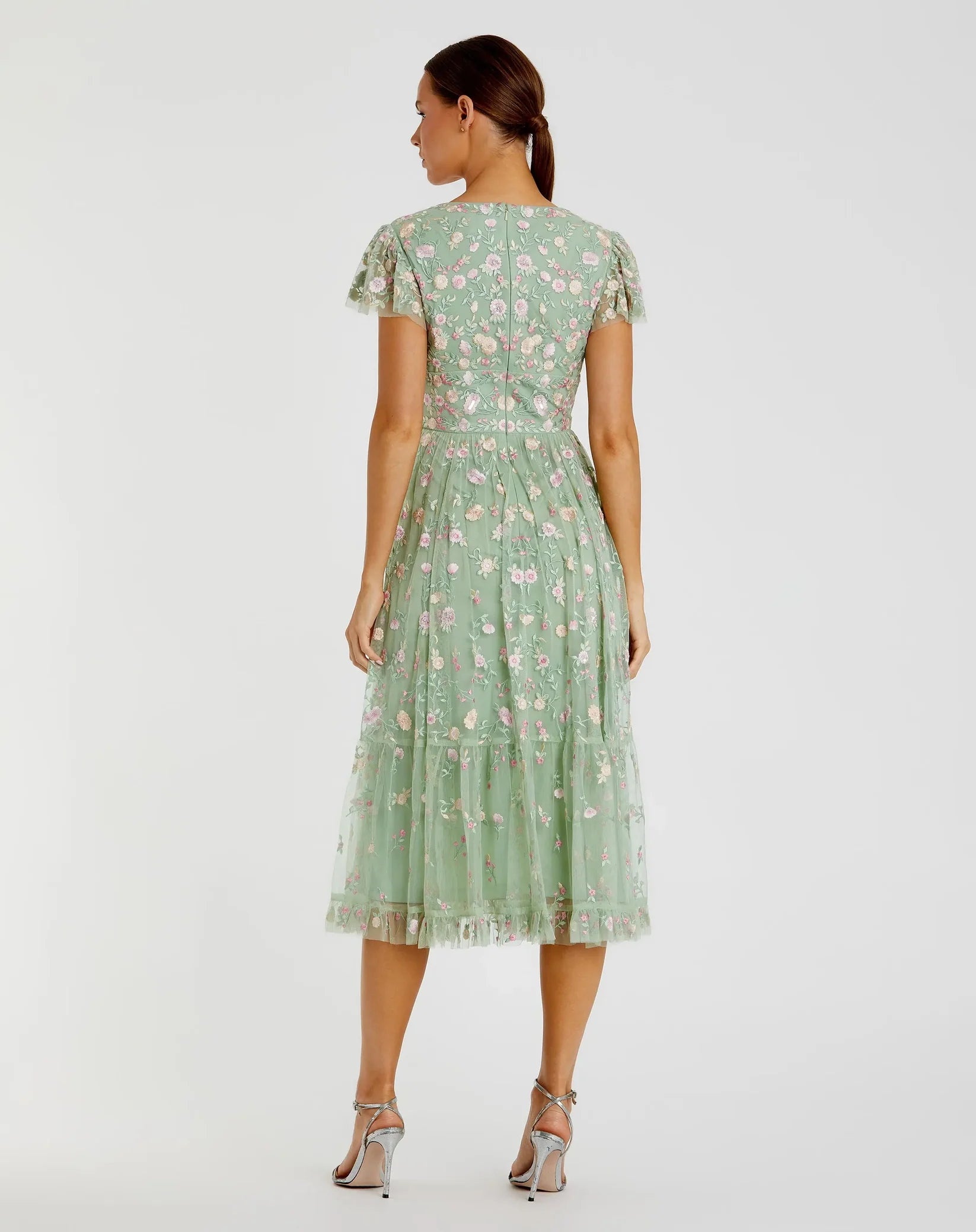 Mac Duggal 35104 Sage embroidered V neck cap sleeve midi dress - back