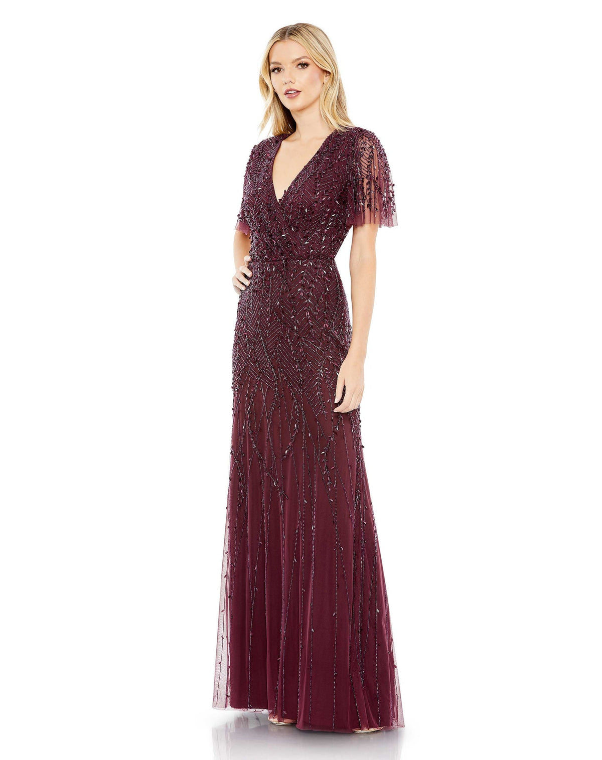 Mac Duggal #35109 Embellished Flutter Sleeve Evening Gown Aubergine