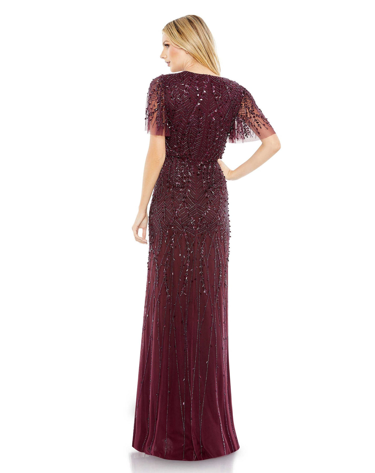 Embellished Flutter Sleeve Gown - Nude