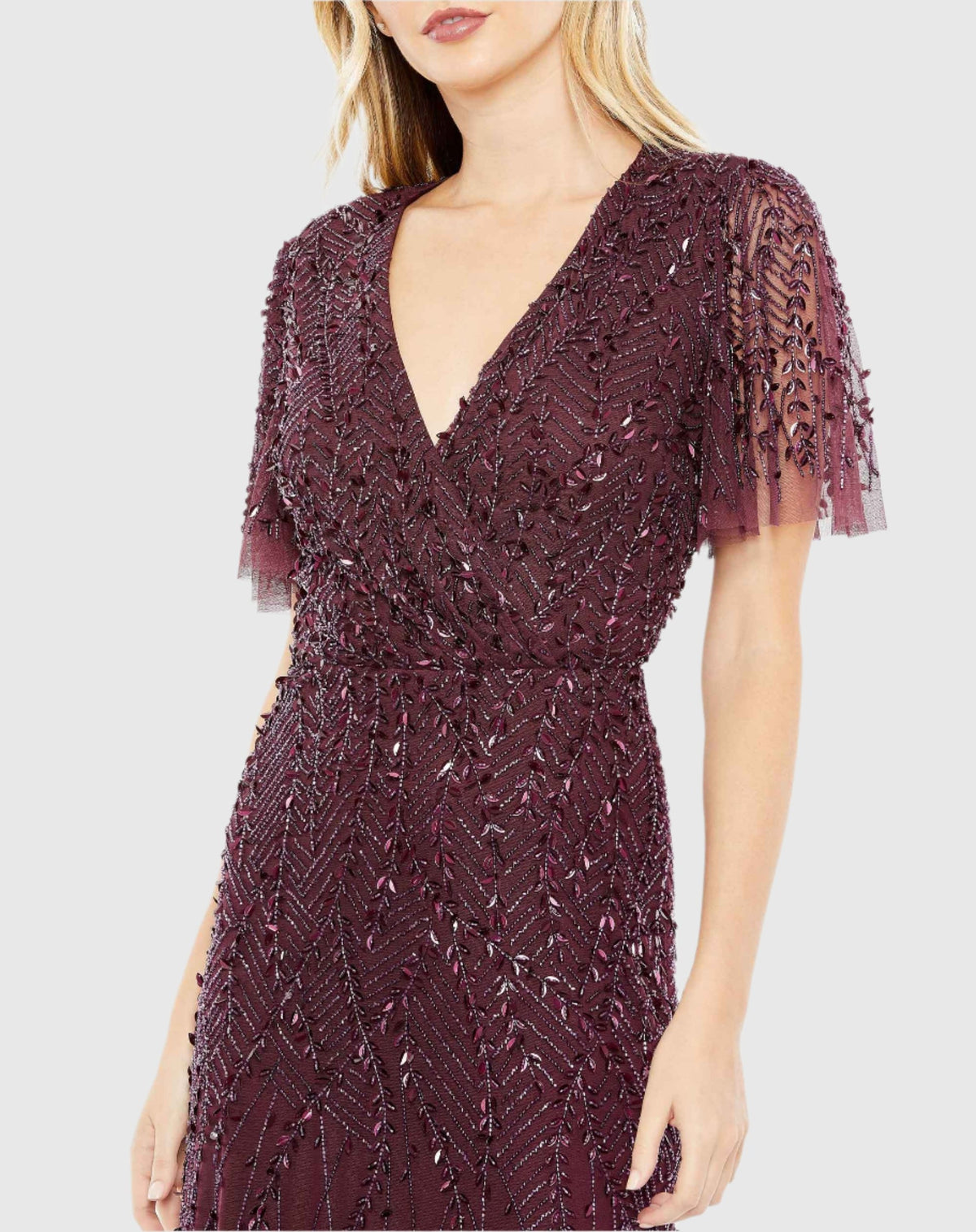 Embellished Flutter Sleeve Gown - Aubergine