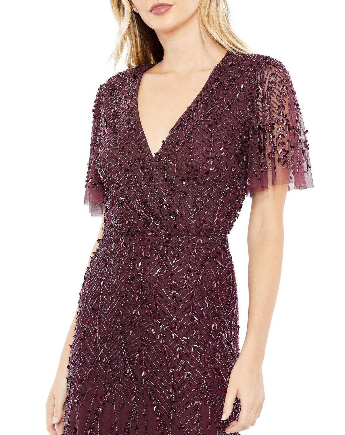 Embellished Flutter Sleeve Gown - Nude