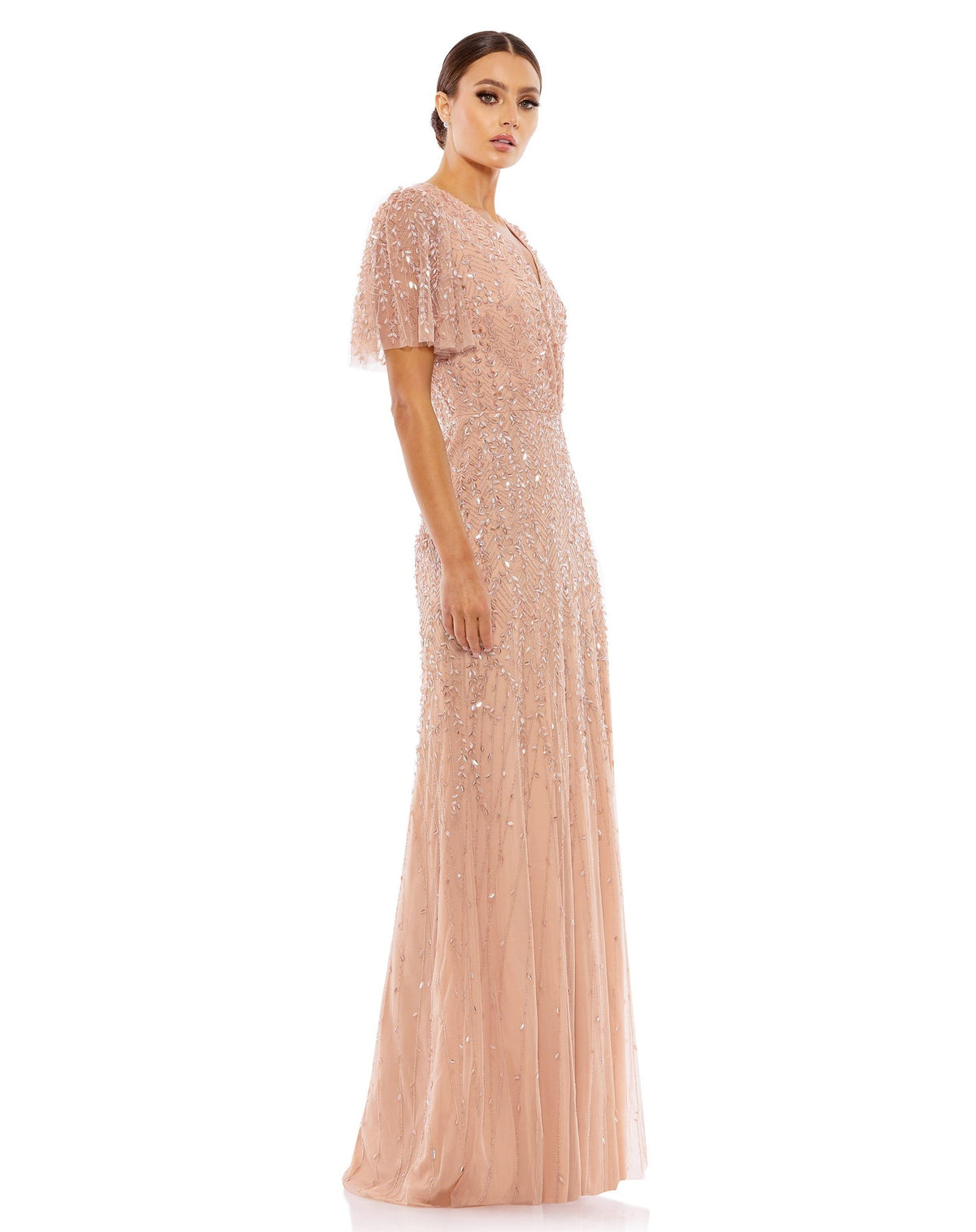 Embellished Flutter Sleeve Gown - Nude
