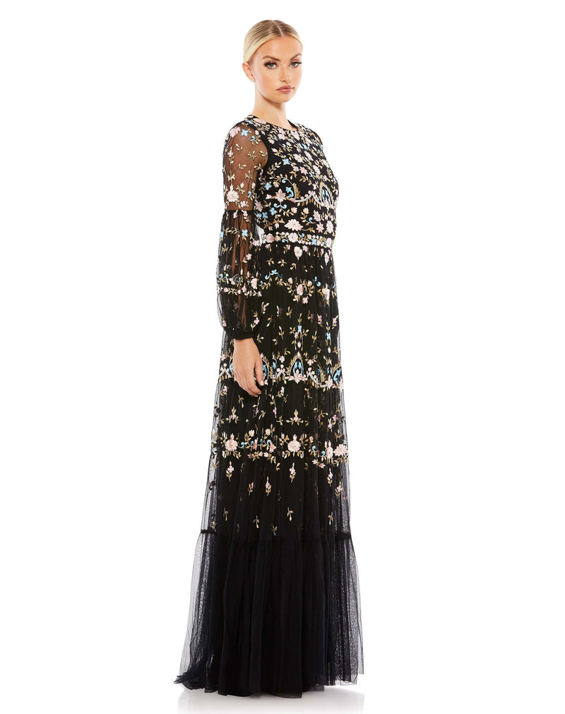 EMBROIDERED BLOUSON SLEEVE GOWN, mac duggal, Style #35111, black
