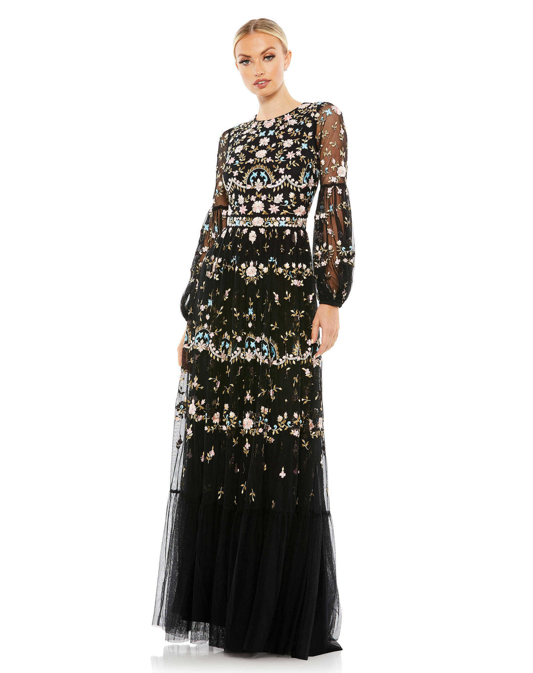 EMBROIDERED BLOUSON SLEEVE GOWN, mac duggal, Style #35111, black front view