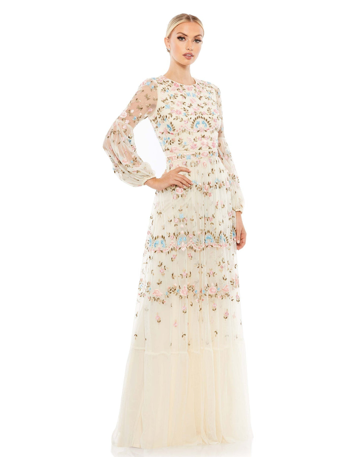 EMBROIDERED BLOUSON SLEEVE GOWN, mac duggal, Style #35111, ivory
