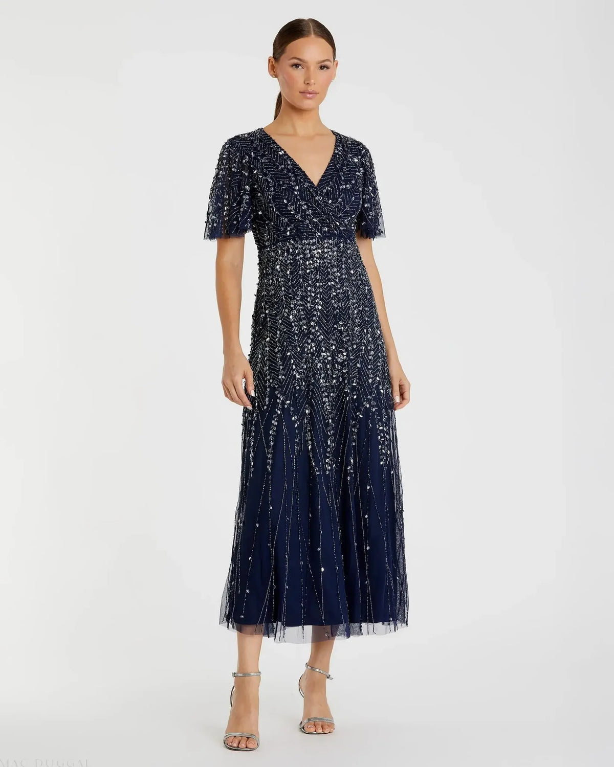 Mac Duggal 35116 Midnight beaded short sleeve V neck A-line midi dress - front