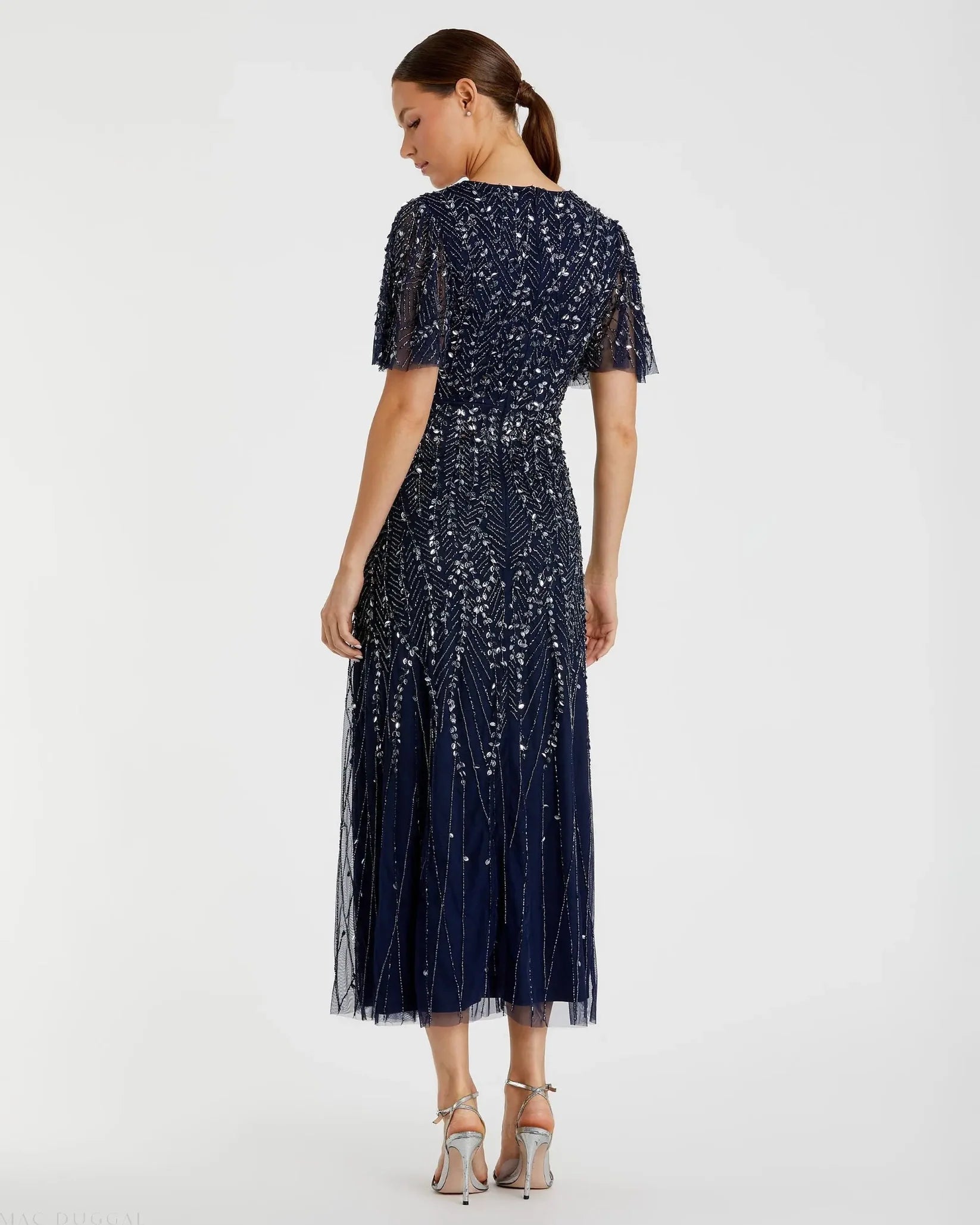 Mac Duggal 35116 Midnight beaded short sleeve V neck A-line midi dress - back