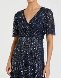 Mac Duggal 35116 Midnight beaded short sleeve V neck A-line midi dress - detail