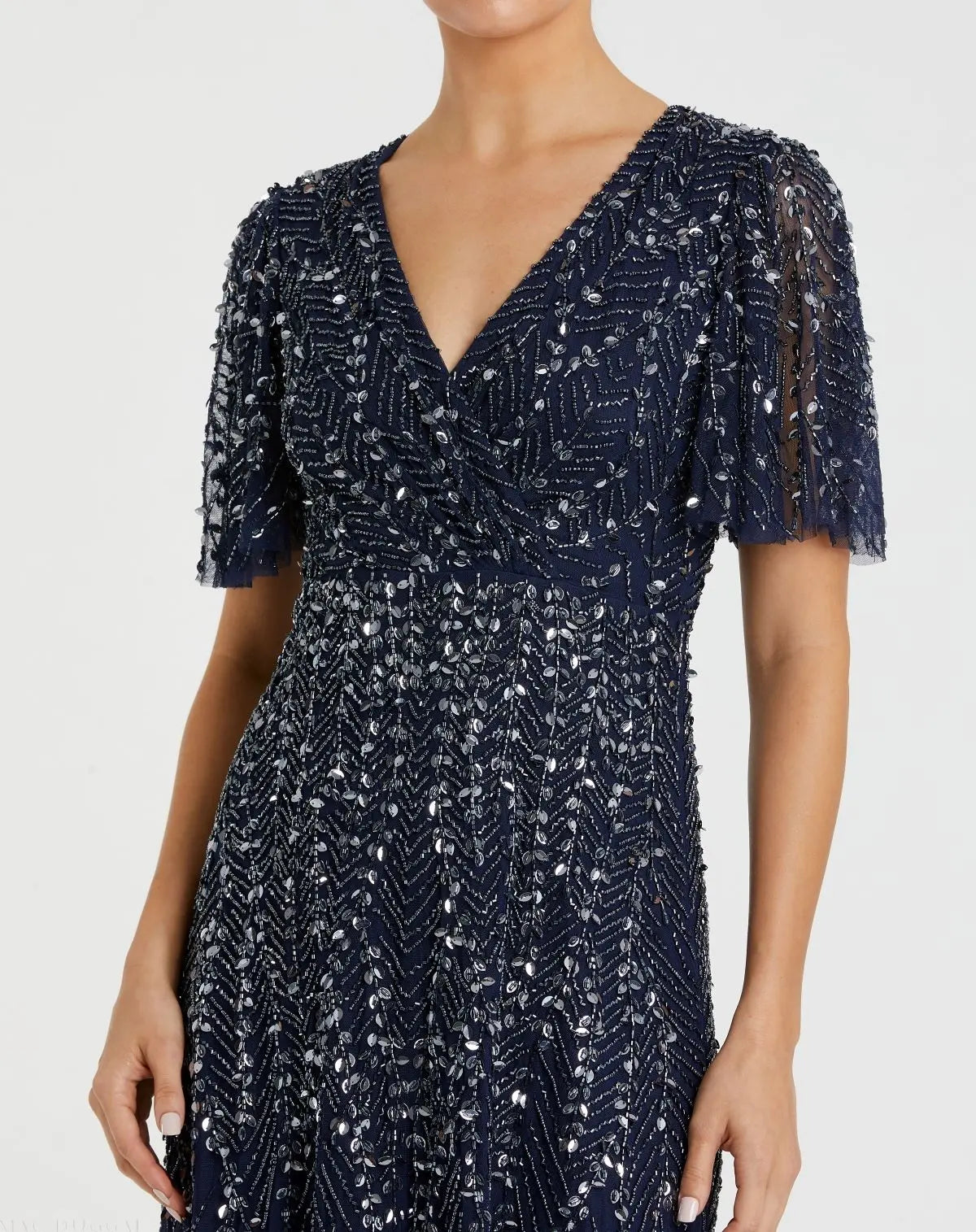 Mac Duggal 35116 Midnight beaded short sleeve V neck A-line midi dress - detail
