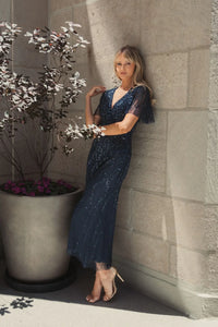 Mac Duggal 35116 Midnight beaded short sleeve V neck A-line midi dress