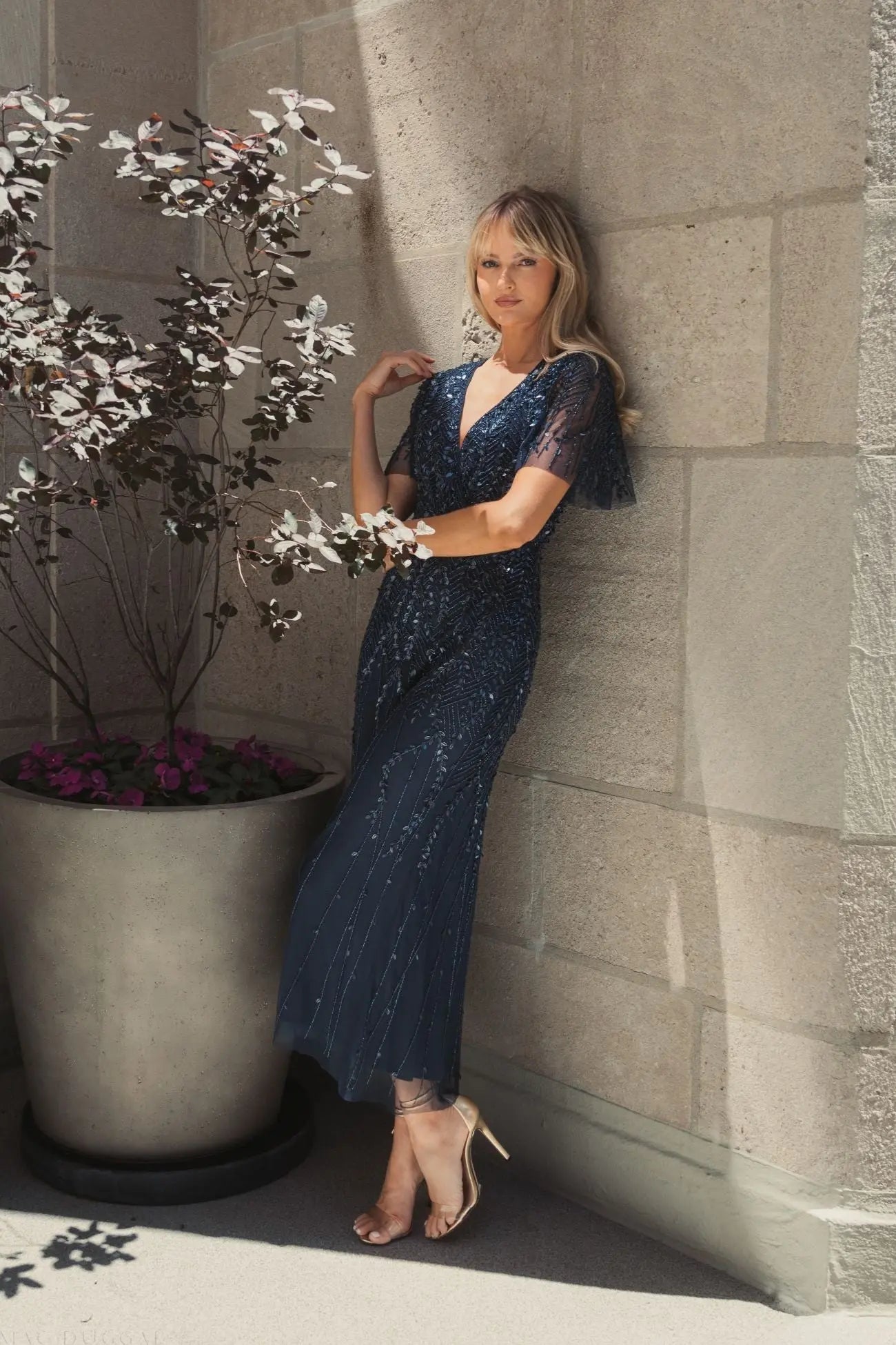 Mac Duggal 35116 Midnight beaded short sleeve V neck A-line midi dress