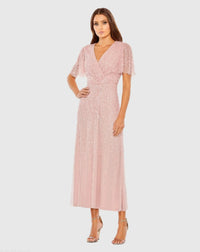 Mac Duggal 35116 Rose beaded short sleeve V neck A-line midi dress - front