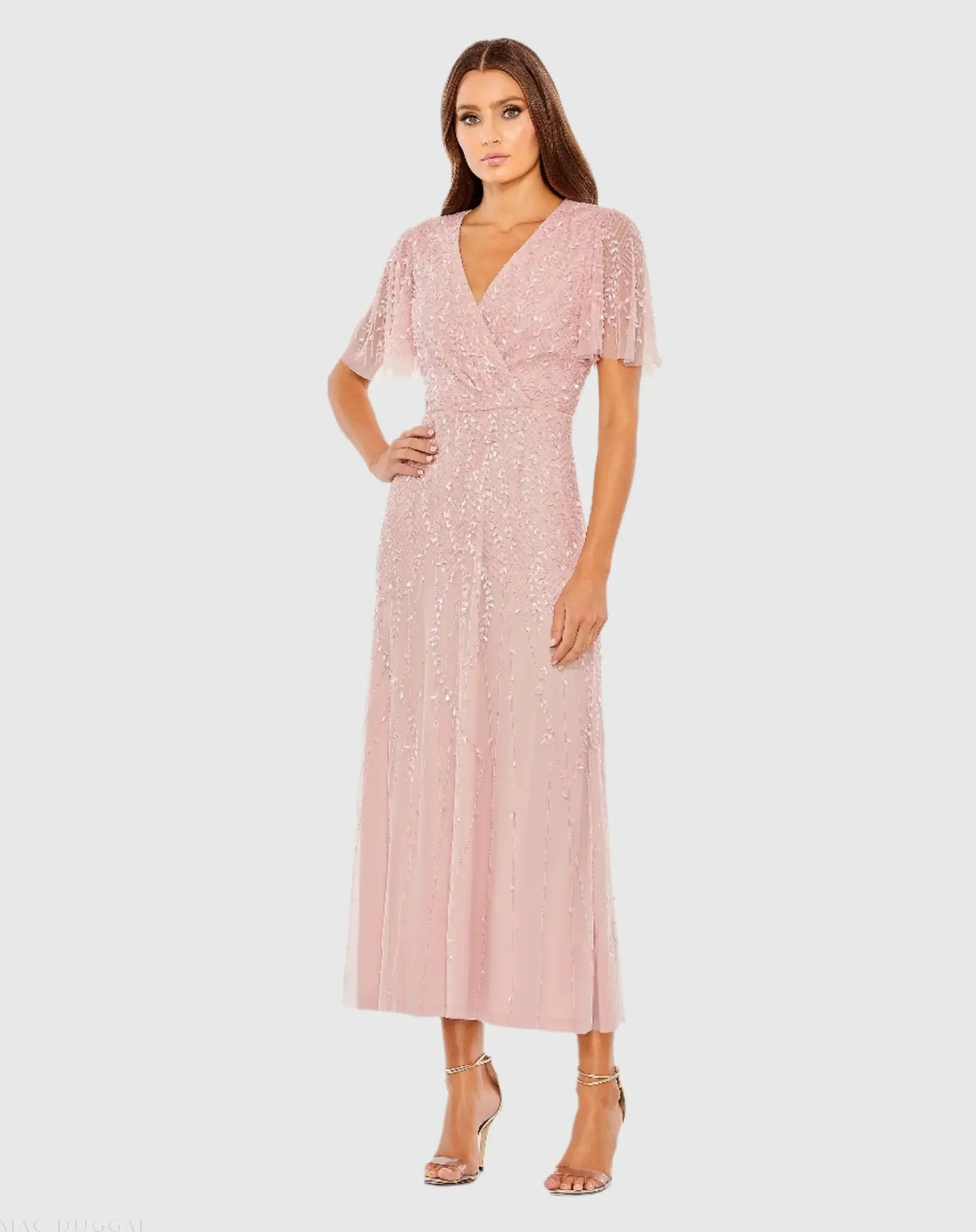 Mac Duggal 35116 Rose beaded short sleeve V neck A-line midi dress - front
