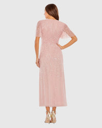 Mac Duggal 35116 Rose beaded short sleeve V neck A-line midi dress - back