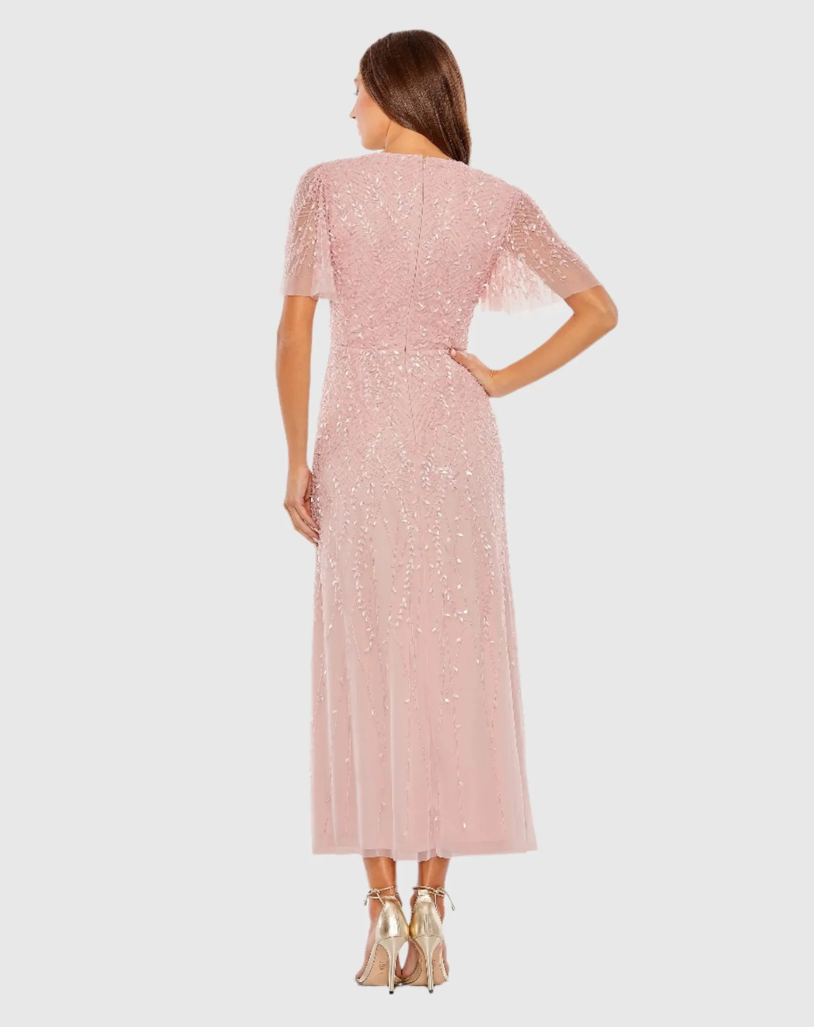 Mac Duggal 35116 Rose beaded short sleeve V neck A-line midi dress - back