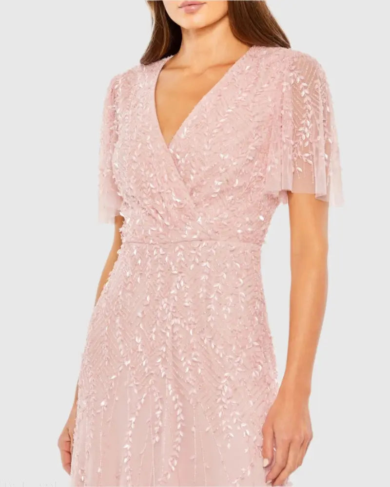 Mac Duggal 35116 Rose beaded short sleeve V neck A-line midi dress - detail