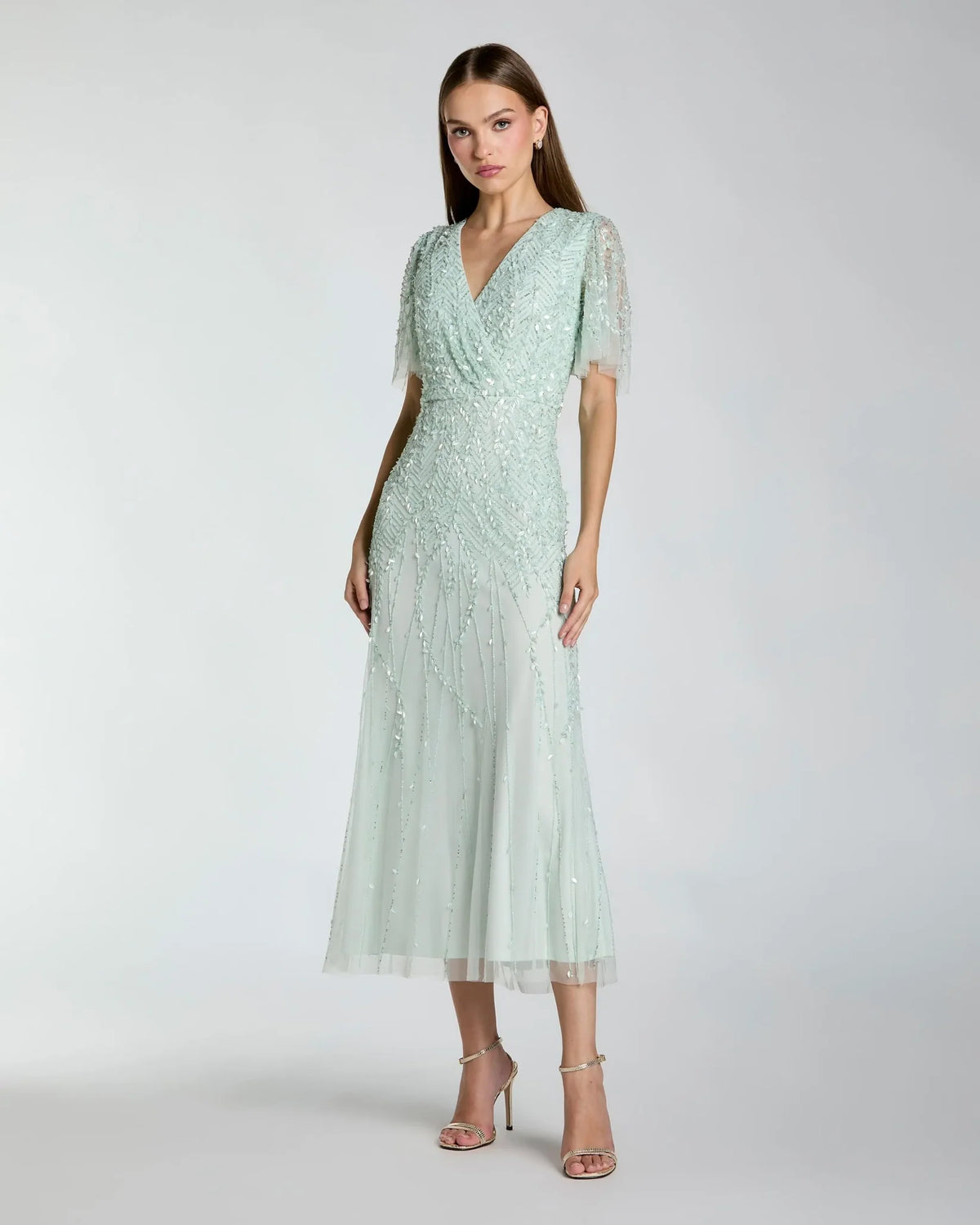 Mac Duggal 35116 Seafoam beaded short sleeve V neck A-line midi dress - front
