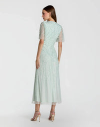 Mac Duggal 35116 Seafoam beaded short sleeve V neck A-line midi dress - back
