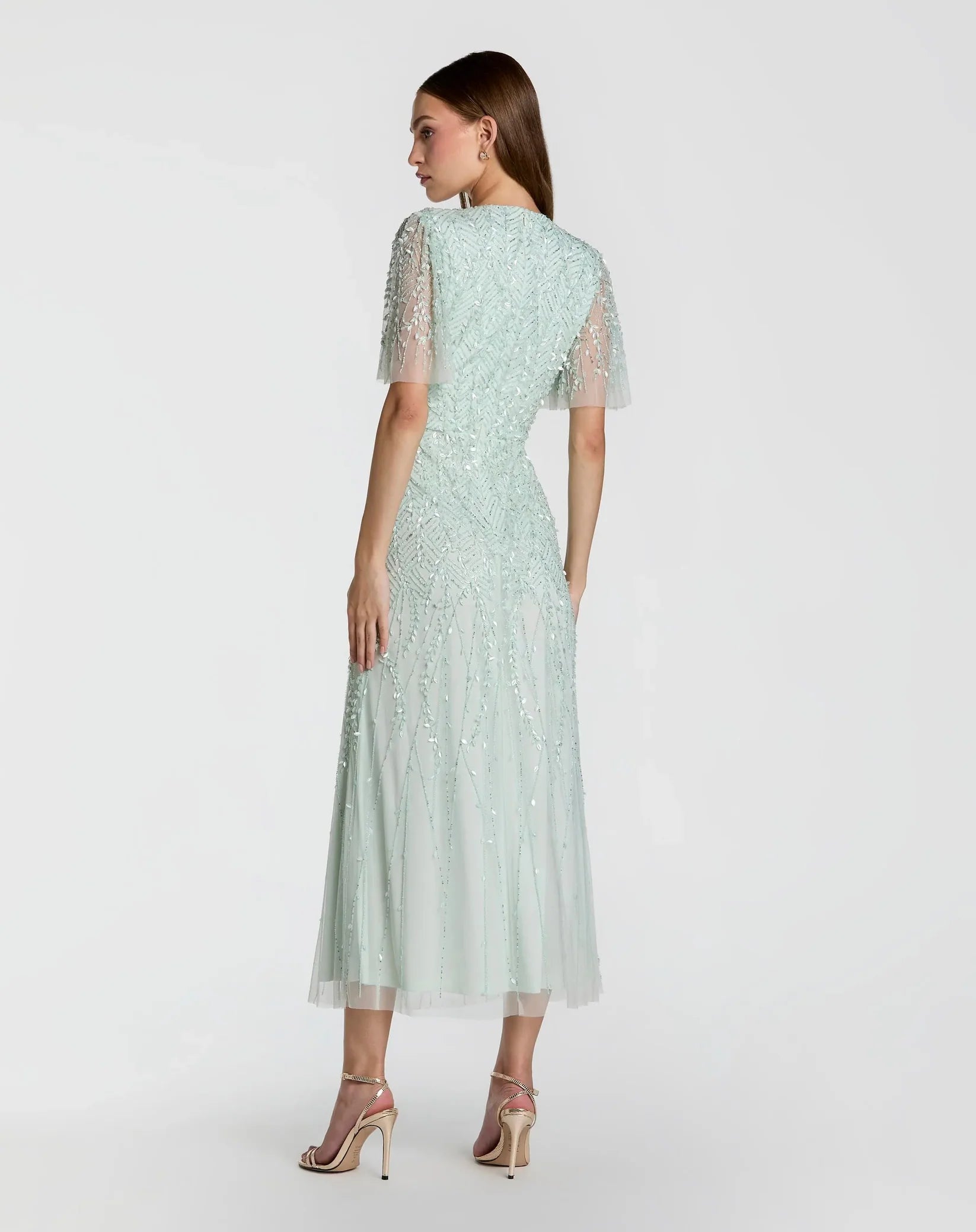Mac Duggal 35116 Seafoam beaded short sleeve V neck A-line midi dress - back