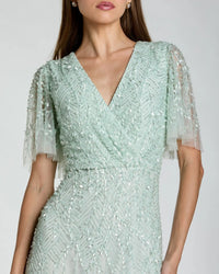 Mac Duggal 35116 Seafoam beaded short sleeve V neck A-line midi dress - detail