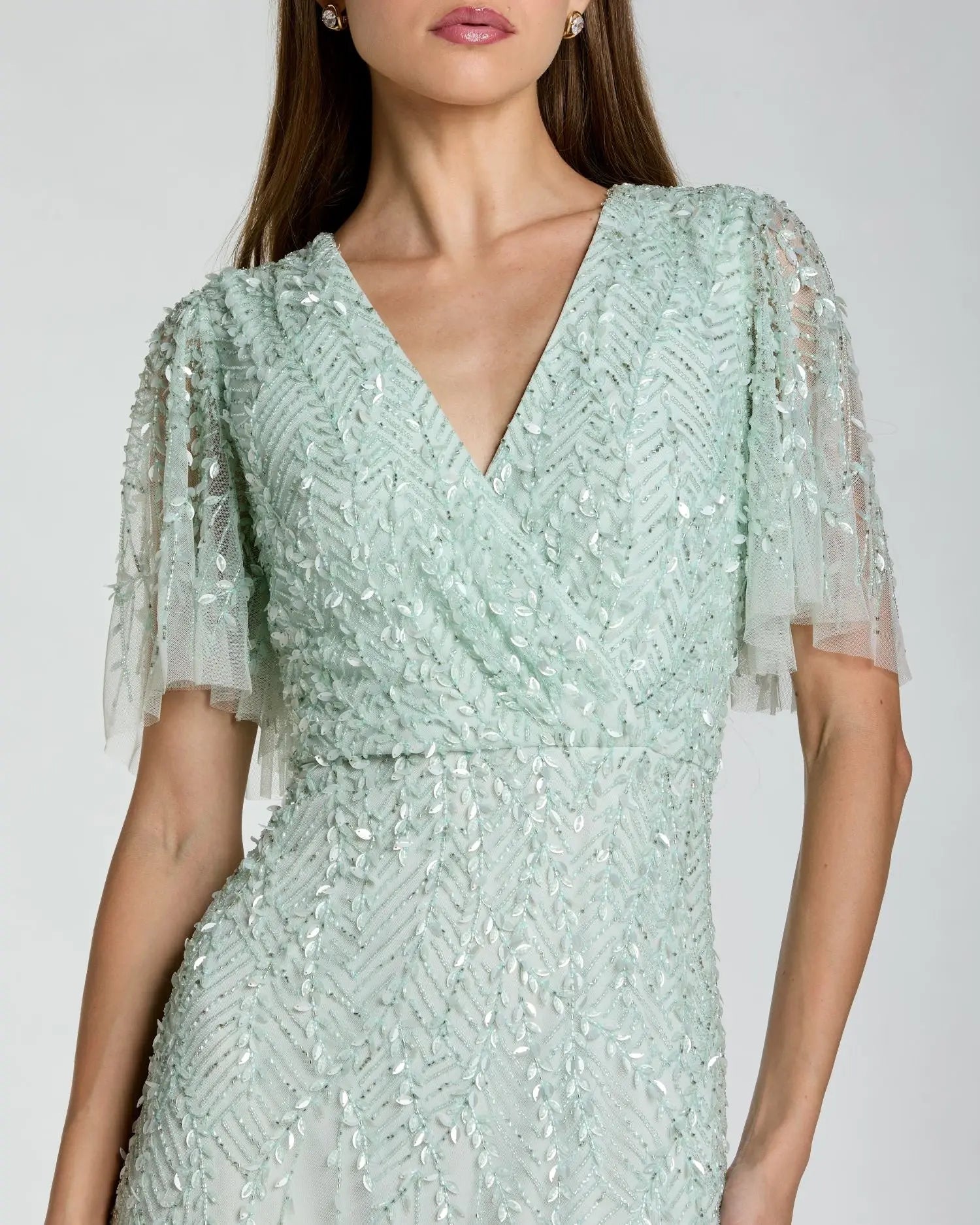Mac Duggal 35116 Seafoam beaded short sleeve V neck A-line midi dress - detail