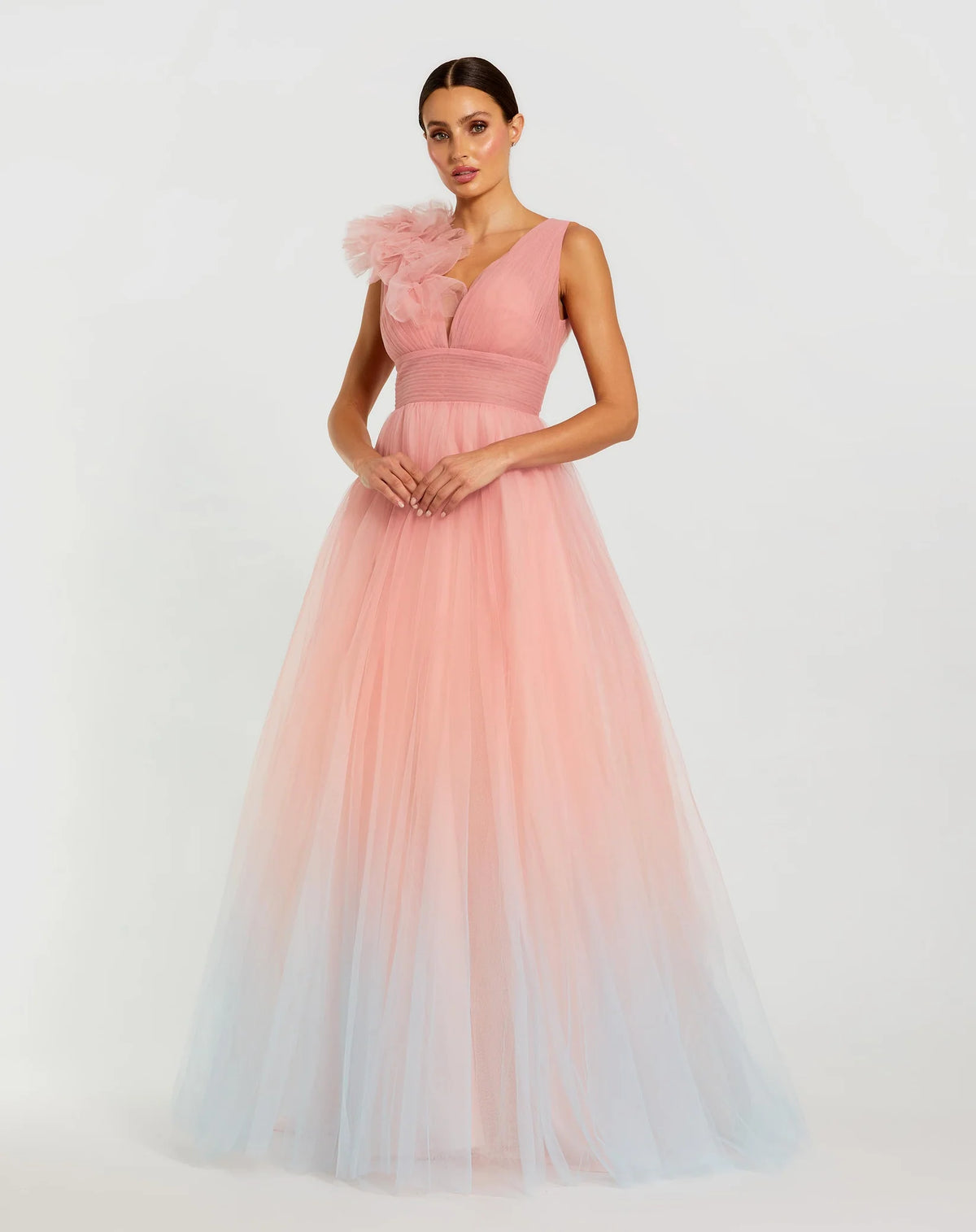 Mac Duggal Pink Ruffle Shoulder V Neck Ombre Tulle Ballgown #37001 Pink Multi 