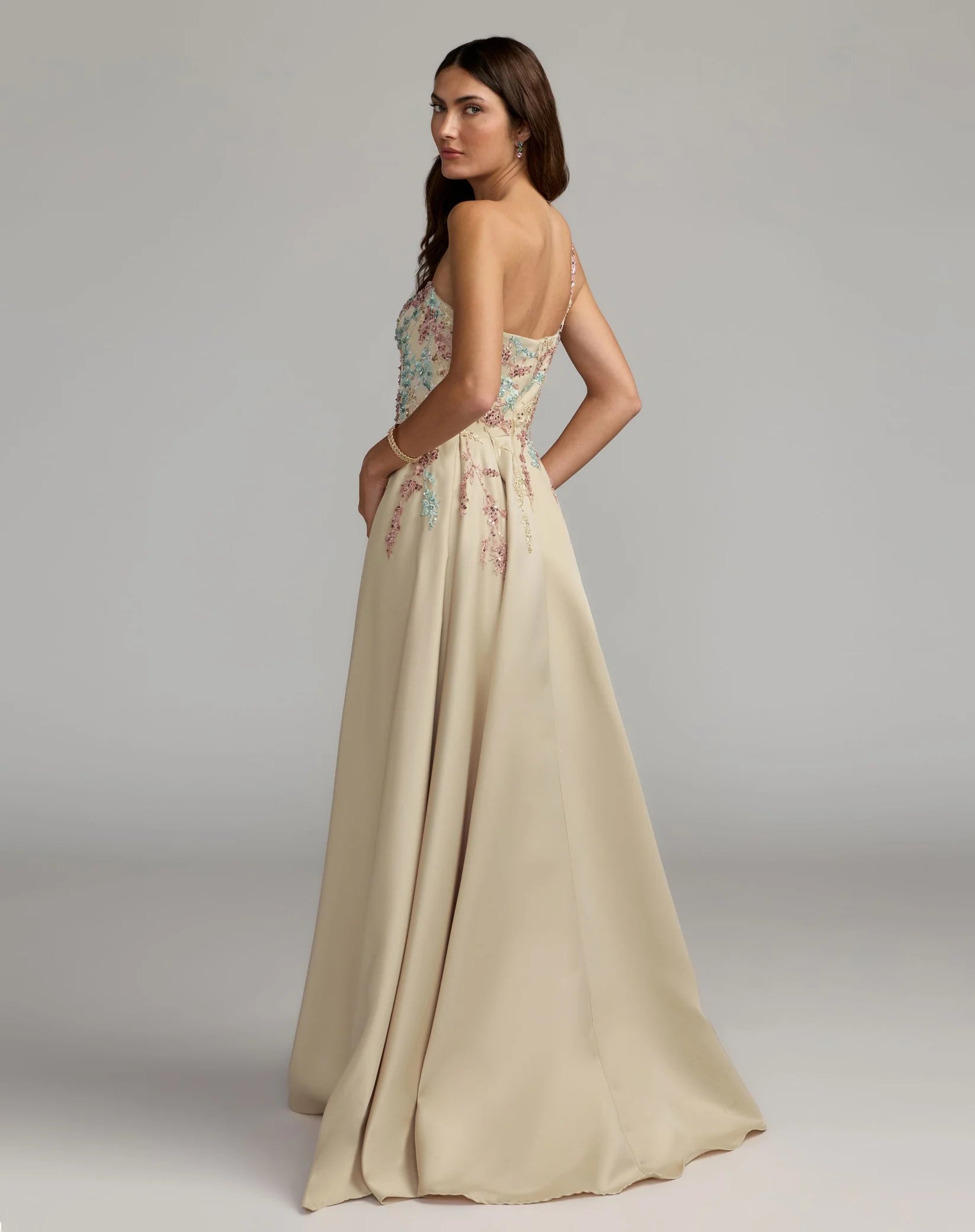 Mac Duggal Beige One Shoulder Embellished Gown With Train #37012