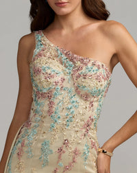 Mac Duggal Beige One Shoulder Embellished Gown With Train #37012