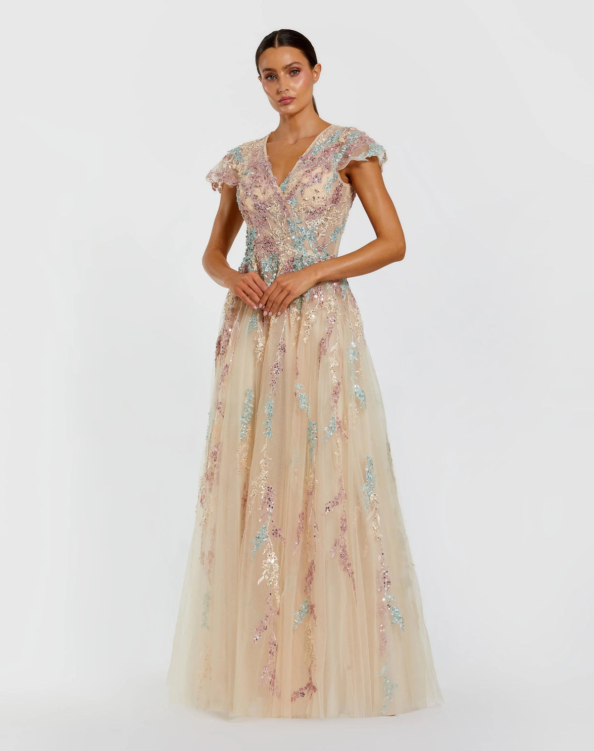 Mac Duggal 37014 Nude Multi floral embroidered tulle gown - Front