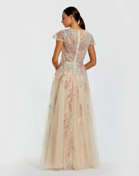 Mac Duggal 37014 Nude Multi floral embroidered tulle gown - Back view