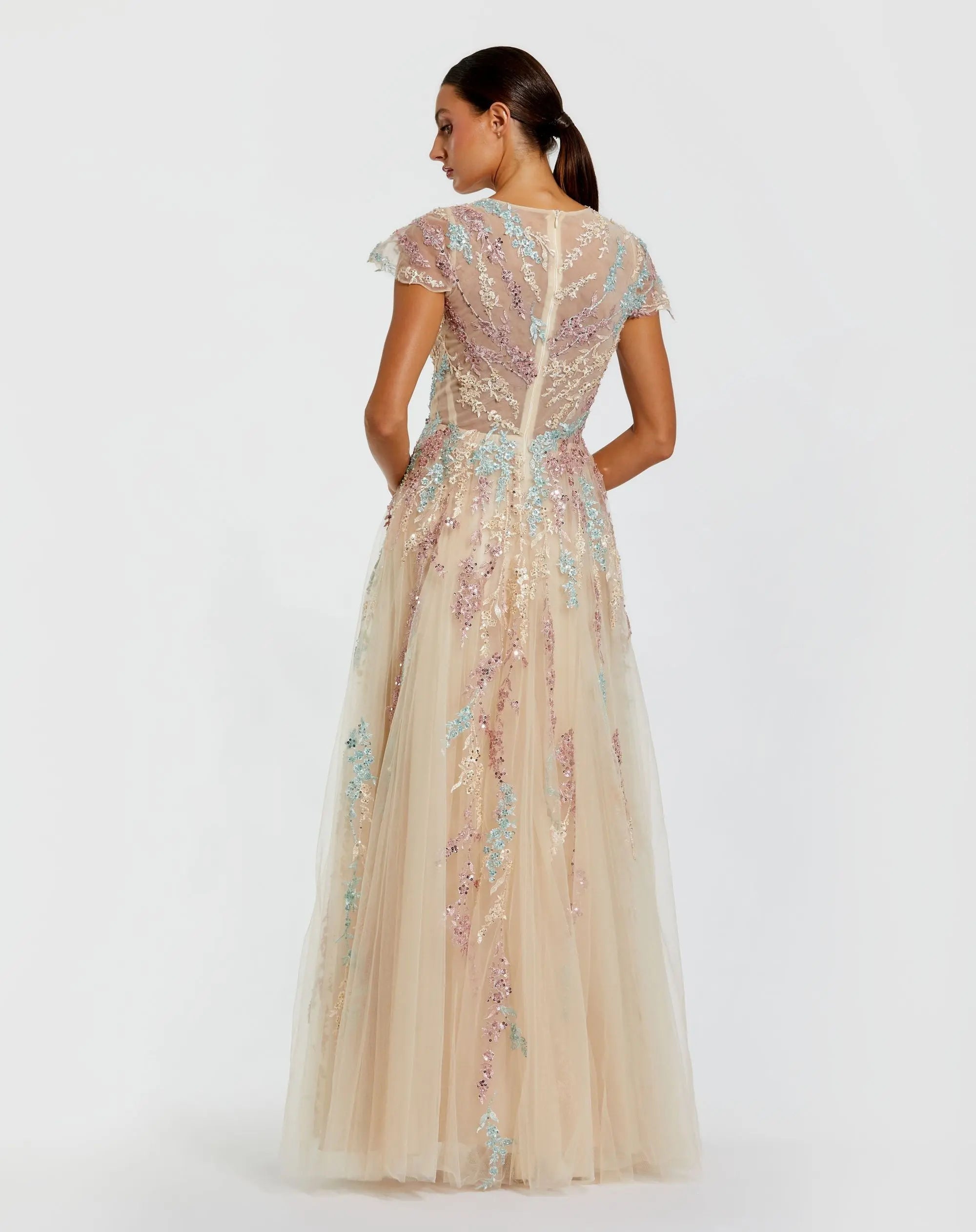 Mac Duggal 37014 Nude Multi floral embroidered tulle gown - Back view
