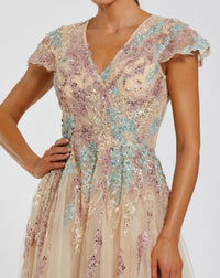 Mac Duggal 37014 Nude Multi floral embroidered tulle gown - Close up detail