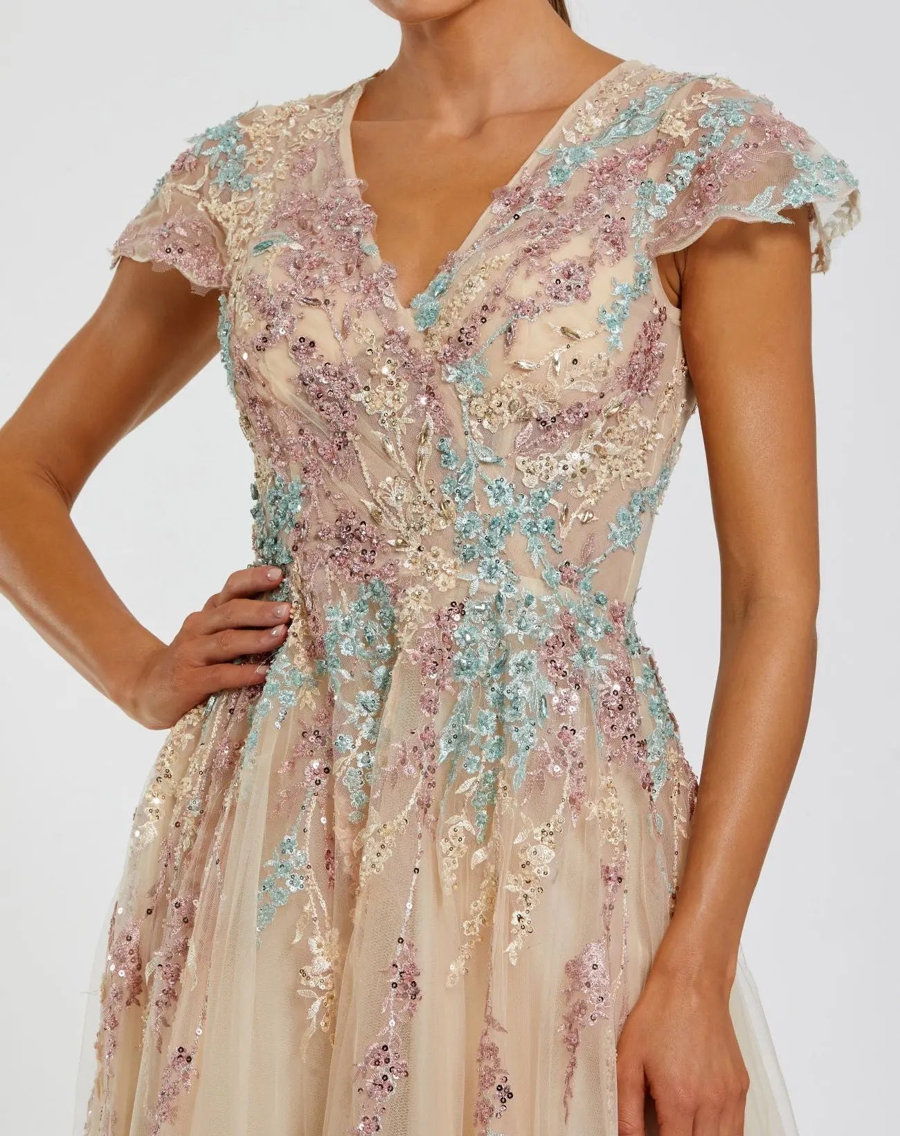 Mac Duggal 37014 Nude Multi floral embroidered tulle gown - Close up detail