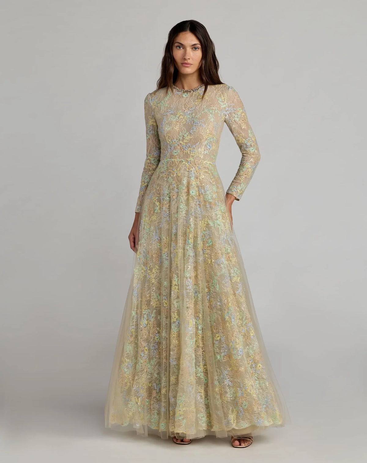 Mac Duggal Beige Long Sleeve Embellished Lace A-Line Gown #37016 Nude Multi