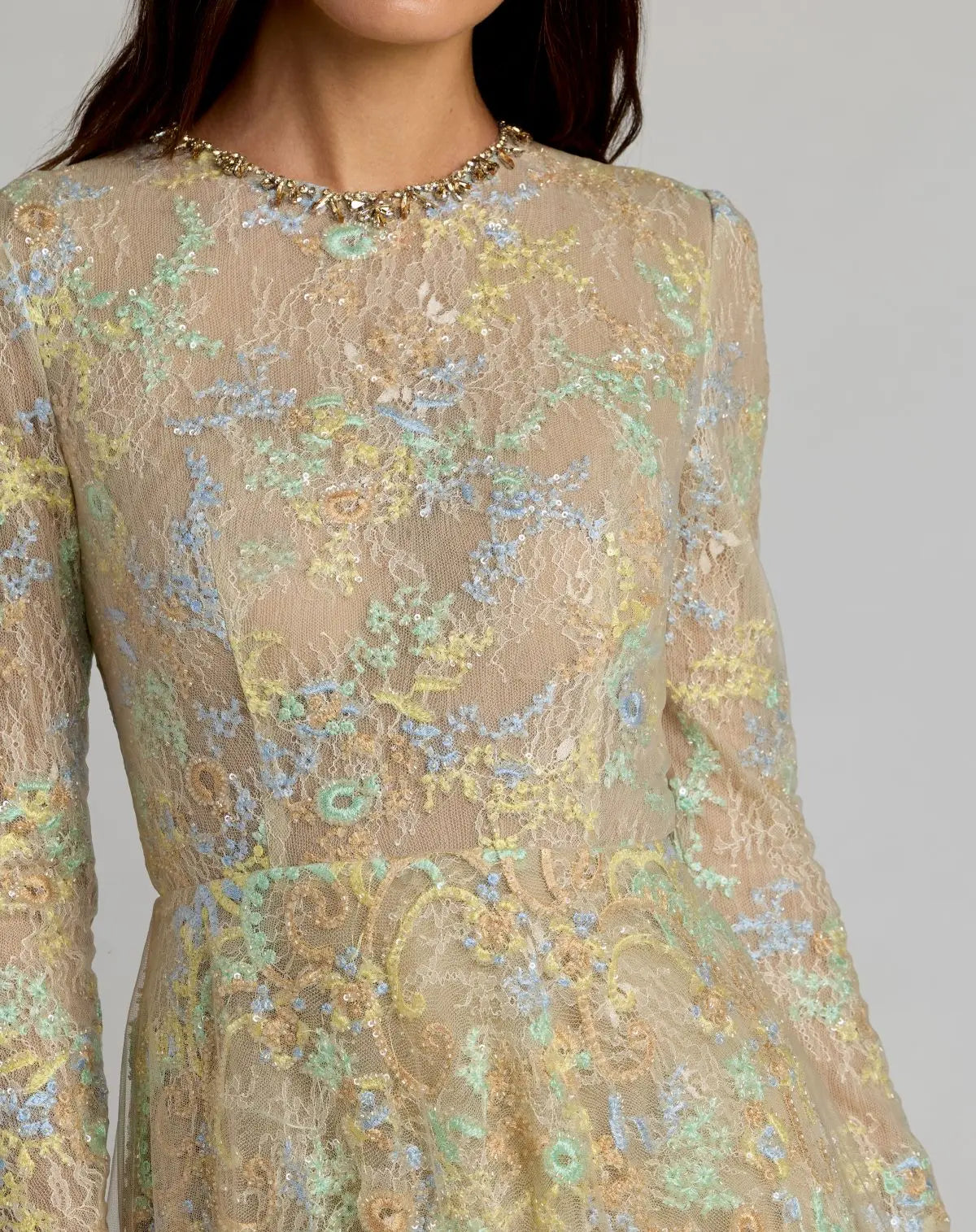 Close up of Mac Duggal Style 37016 | Nude Multi Long Sleeve Embellished Lace A-Line Gown