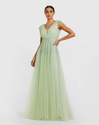 Mac Duggal #37018 sage embellished cap sleeve v neck tulle gown