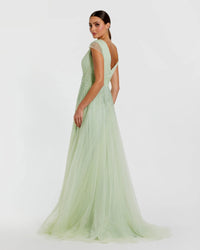 Mac Duggal #37018 sage embellished cap sleeve v neck tulle gown