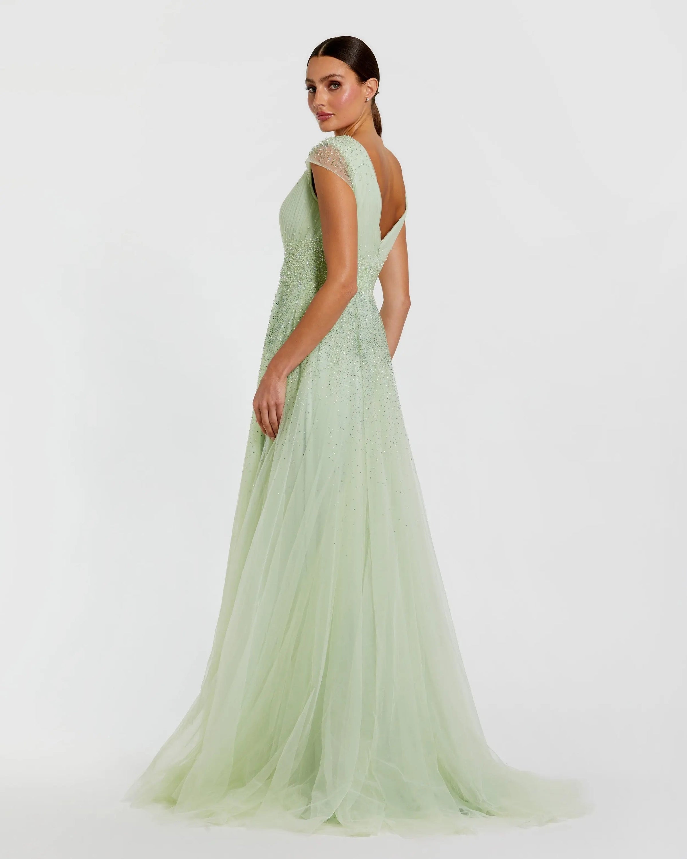 Mac Duggal #37018 sage embellished cap sleeve v neck tulle gown