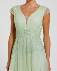 Mac Duggal #37018 sage embellished cap sleeve v neck tulle gown