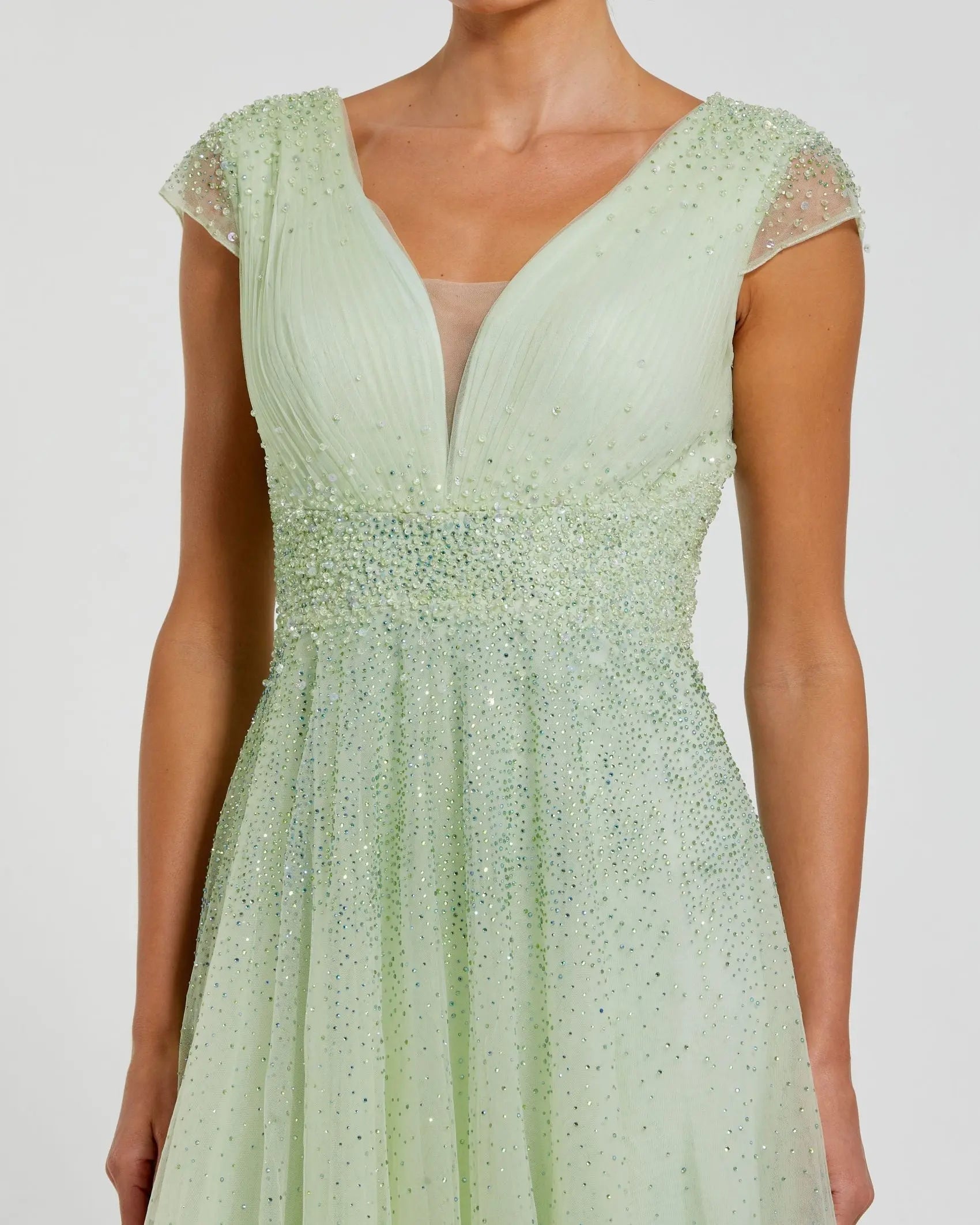 Mac Duggal #37018 sage embellished cap sleeve v neck tulle gown