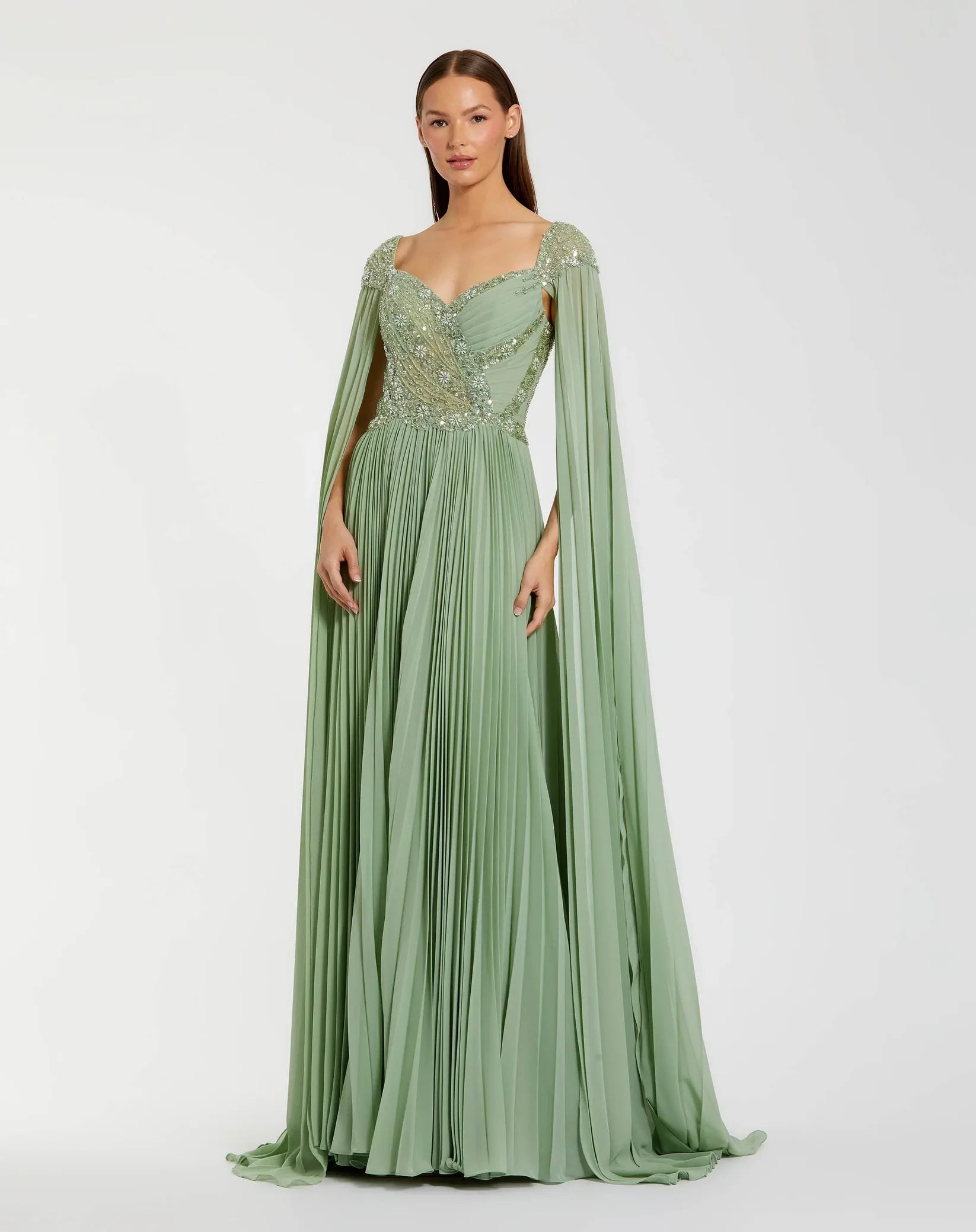 Mac Duggal Green Embellished Chiffon Cape Sleeve A Line Gown #37034 Sage
