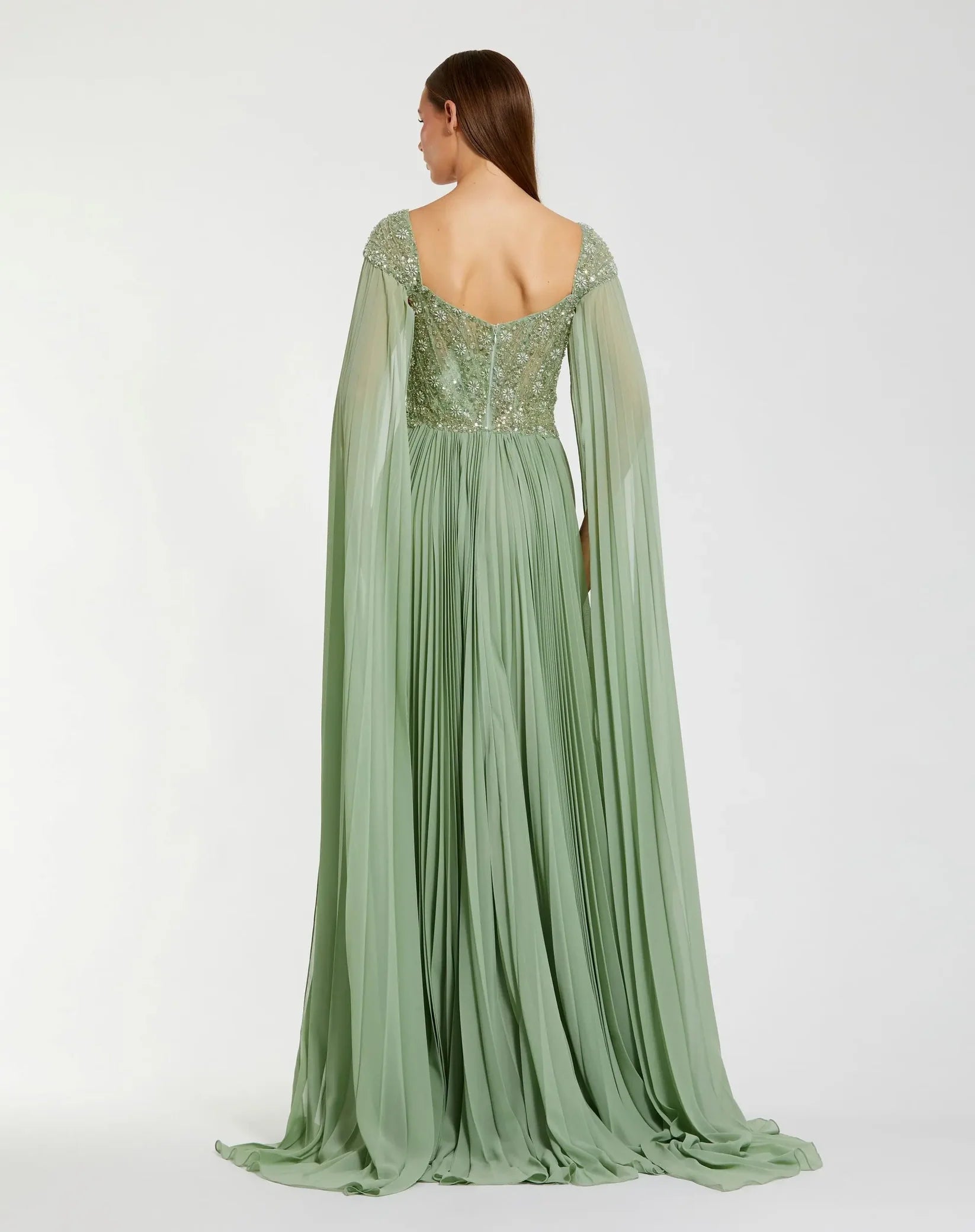 Mac Duggal Green Embellished Chiffon Cape Sleeve A Line Gown #37034 Sage