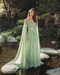 Mac Duggal Green Embellished Chiffon Cape Sleeve A Line Gown #37034 Sage